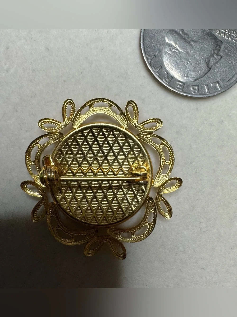 Vintage Damascene Gold and Black Fleur-de-Lis Brooch